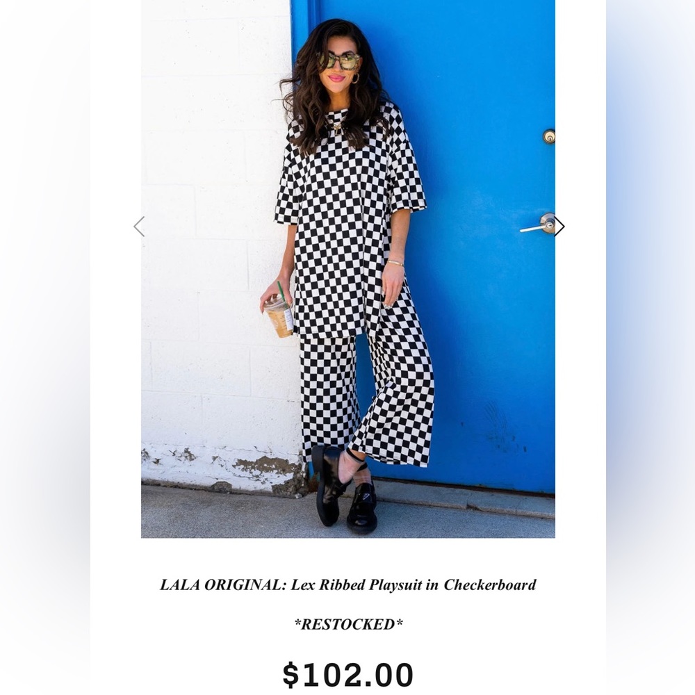 DRESSED IN LALA Ribbed Playsuit in Black/White Check. Oversized Crop Pant Sz M